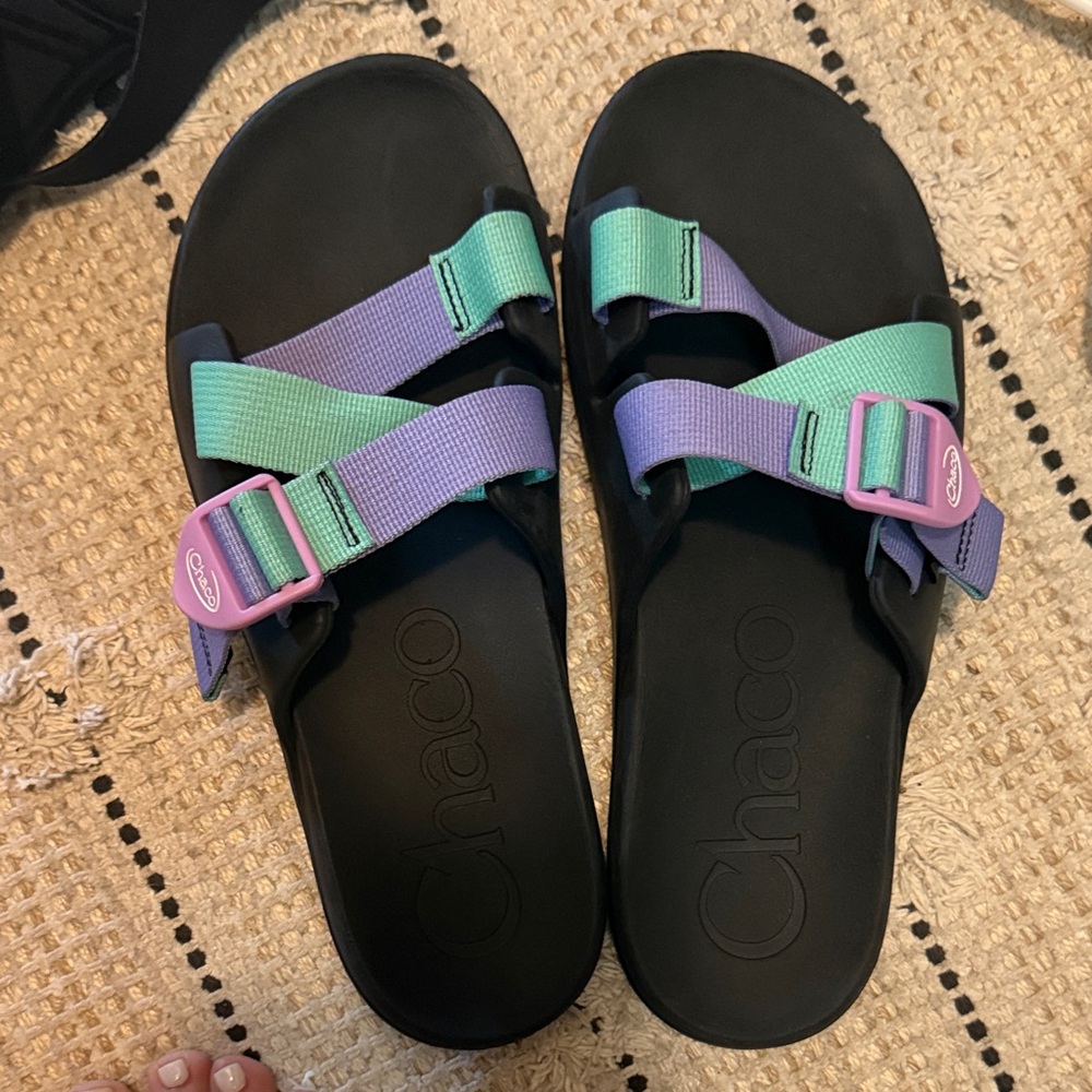 Chaco Black Slides with Mint Green and Lavender Straps